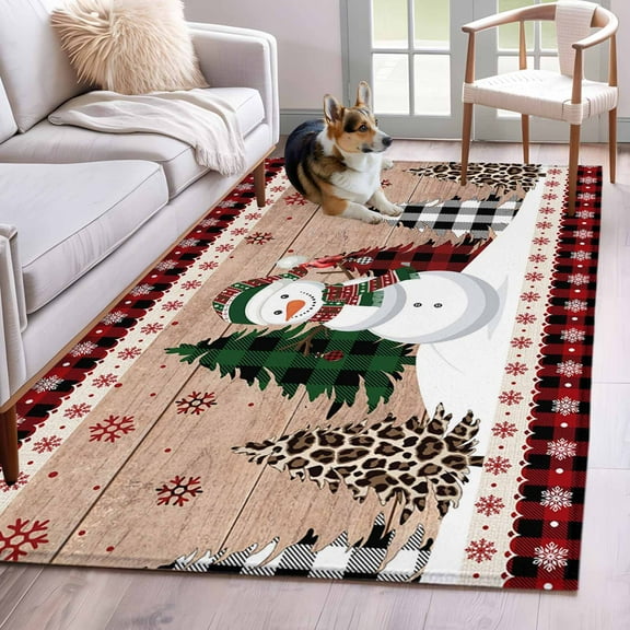Christmas Snowman Area Rug 3x5 Washable Rug Non Slip Vintage Xmas Tree Snowflake Large Area Rug Indoor Floor Carpet for Entryway Bedroom Kitchen Living Room Home Office Dining Room Nursery
