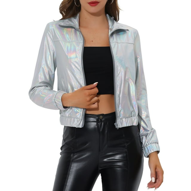 INSPIRE CHIC Women's Track Jacket Holographic Shiny Long Sleeve Metallic Jacket Zip Front X-Small Light Silver
