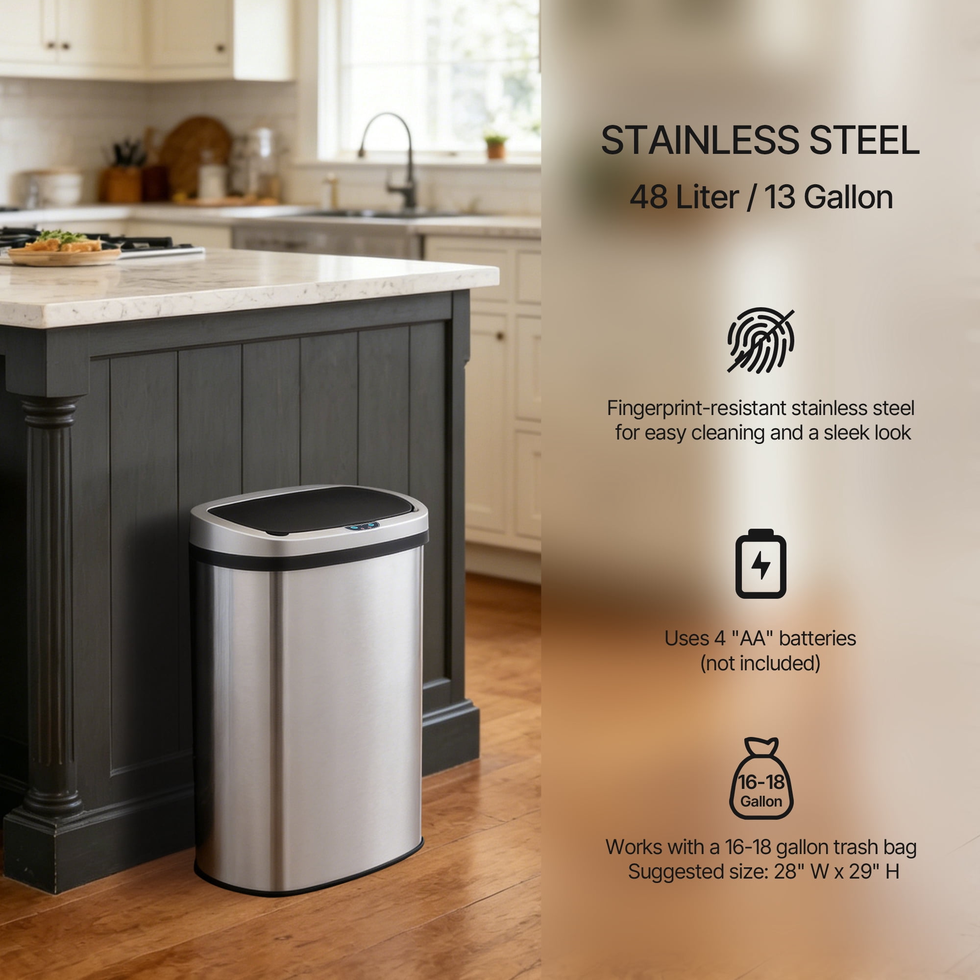 Innovaze 13 Gallon Touchless Motion Sensor Stainless Steel Garbage Can with Durable Plastic Lid , Oval, Silver