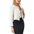 thumbnail image 4 of INSPIRE CHIC Women's Plaid Collarless Button Front Crop Tweed Blazer Jacket 2XL Beige White, 4 of 5