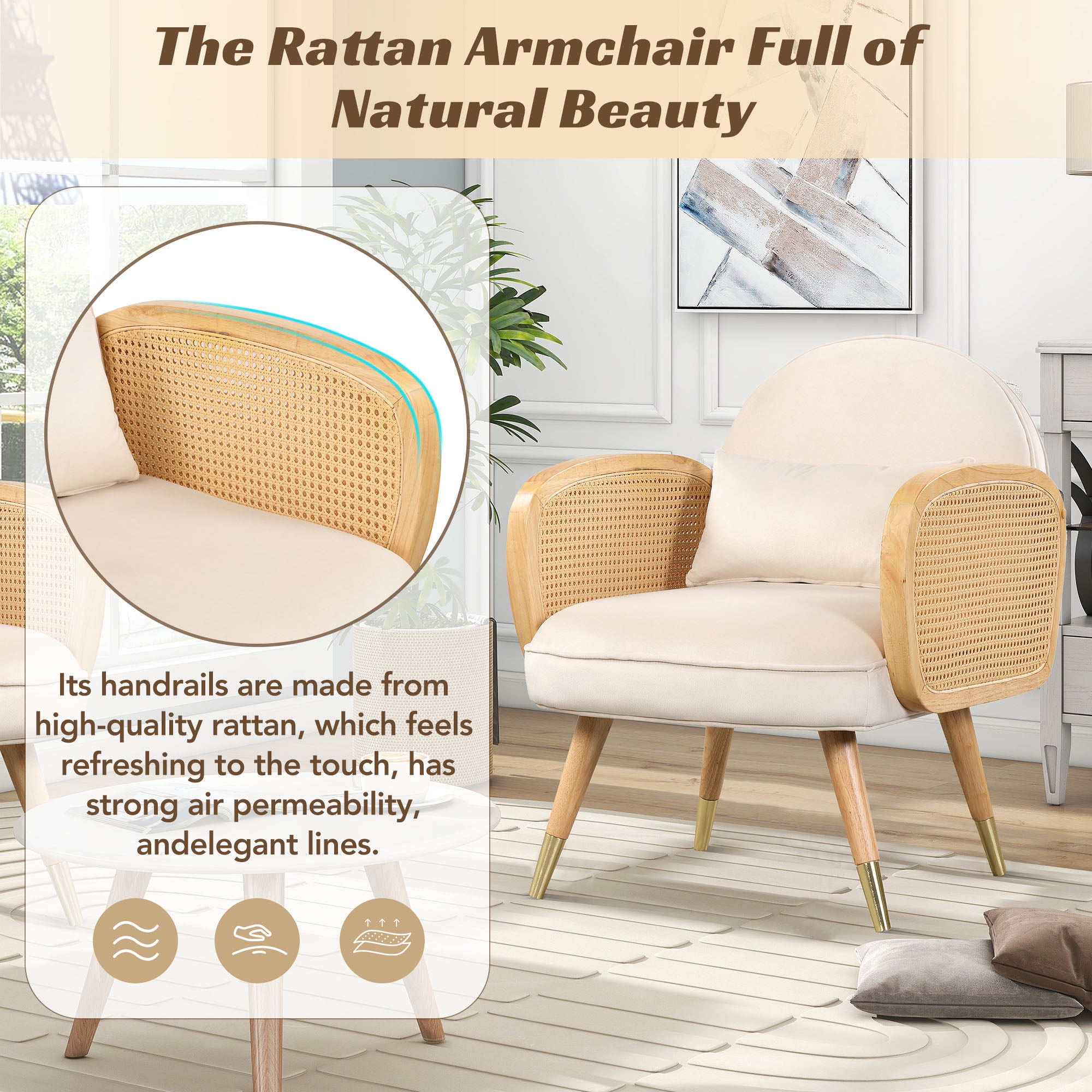 DEALTOPS Armchair with Rattan Armrest and Metal Legs, Mid Century Modern Accent Chairs, White