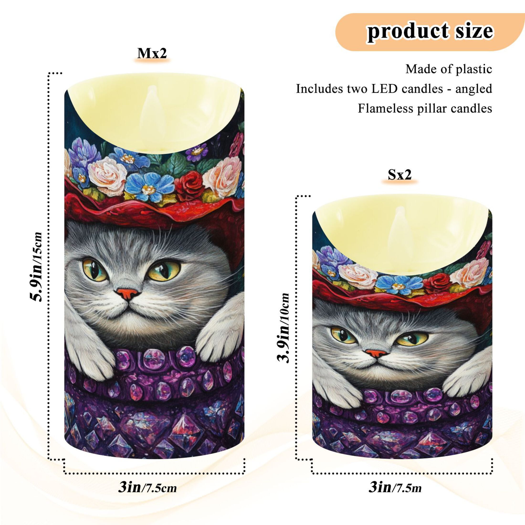 Wobogo Cute Cat Wearing Wreath Flameless Candles with Remote Battery Operated Flickering LED Candles with Timer 2/4/6/8H Medium Size