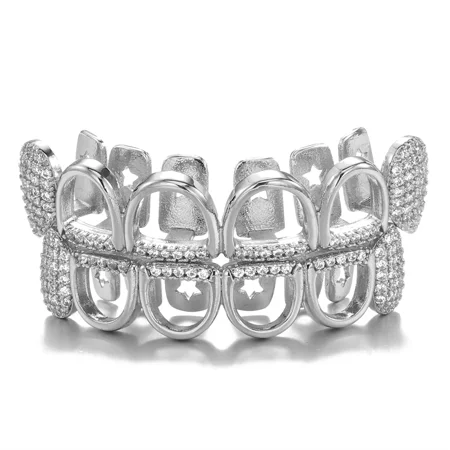 FEEL STYLE Adult Hollow Teeth Grillz Set for Unisex Silver-Plated Copper Top Bottom Mouth Removable Dental Jewelry