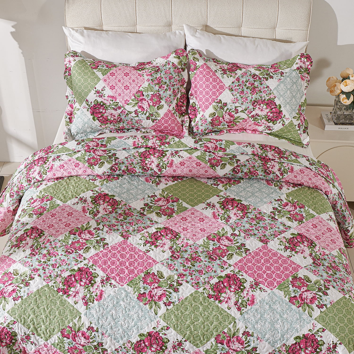 Evenhug Quilts 3-Piece Queen Bedding Set Pink Patchwork Floral Quilt Set With Shams