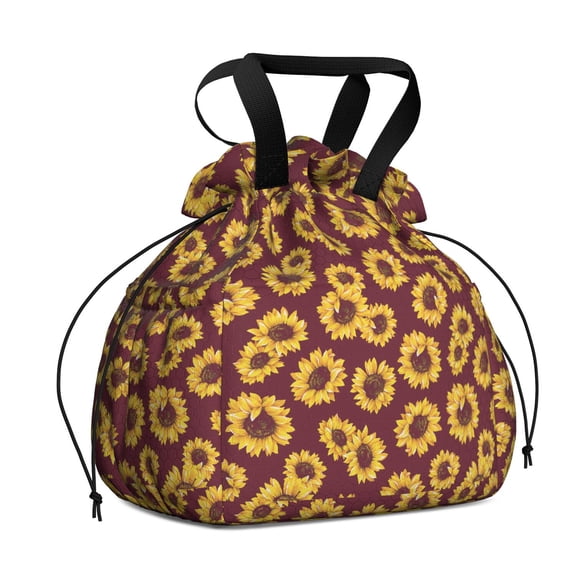 Red Sunflower Drawstring Lunch Bag Women - Drawstring Lunch Bag Insulated for Work Office - Stain-Resistant Large Lunchbags for Women with Multi-Pockets