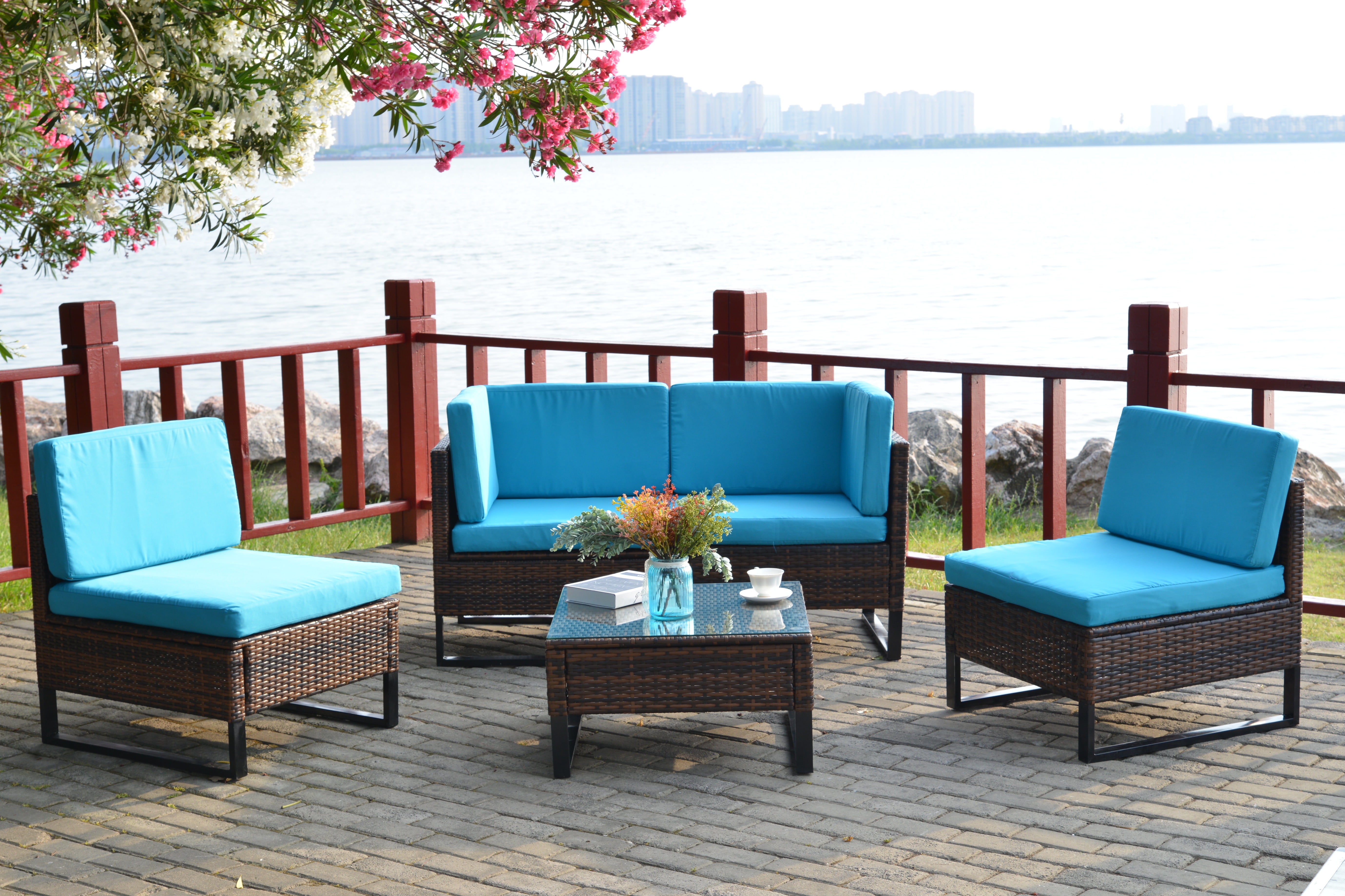Patio Furniture Sets, 5 Piece Outdoor Conversation Set with 4 Wicker
