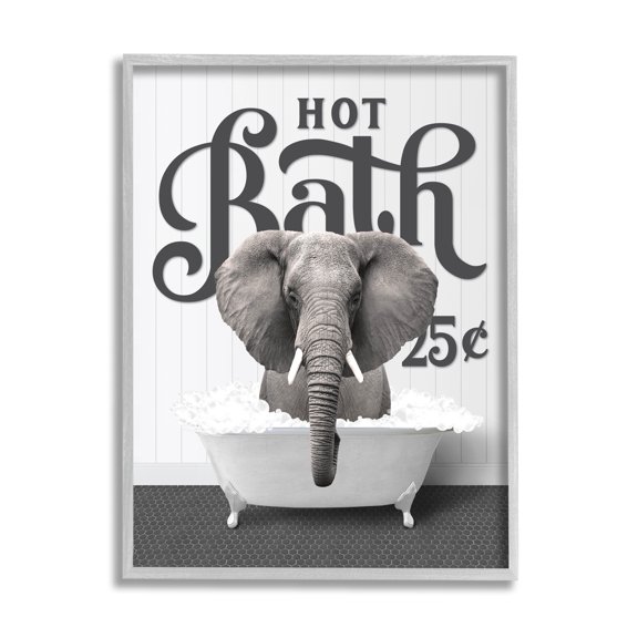 Stupell Industries Hot Bath Elephant Animals & Insects Painting Gray Framed Art Print Wall Art, 16 x 20