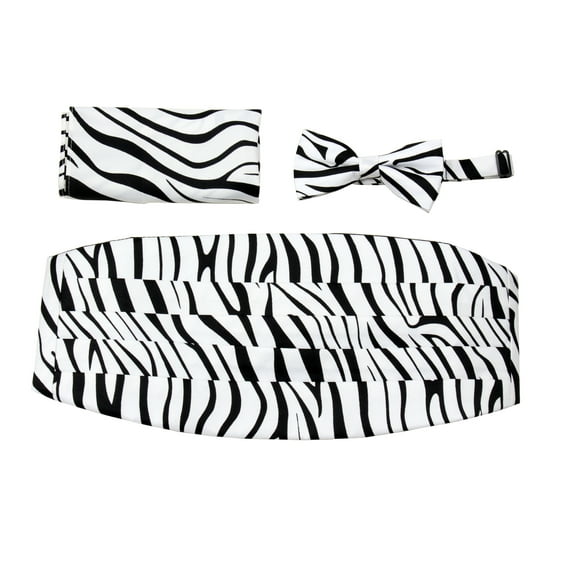 Mens Formal Woven Zebra Print Cummerbund Pre-Tied Bowtie Hanky set