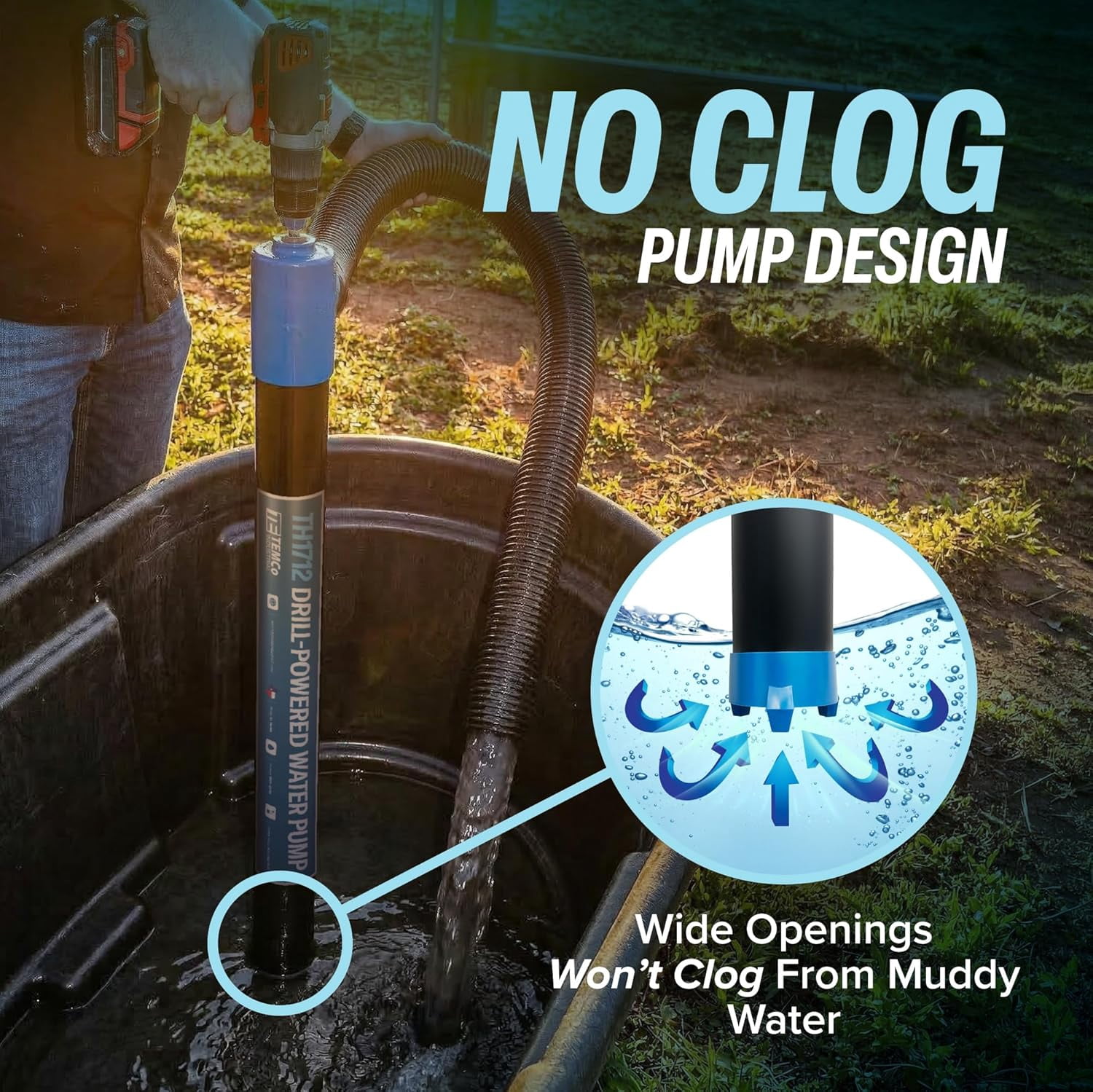 Drill-Powered Stick Water Transfer Pump 160 GPM, Anti-Clog, 6 FT Hose Included, Made in USA, TEMCo Industrial TH1712