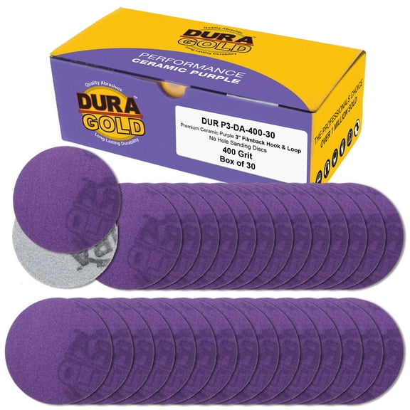 Dura-Gold Premium 400 Grit 3" Purple Film Ceramic Sanding Discs, Box of 30 - Hook & Loop Backing Sandpaper for DA Sander, Drill, Grinder, Rotary Tool - Sand Auto Body Paint, Metal, Wood, Woodworking