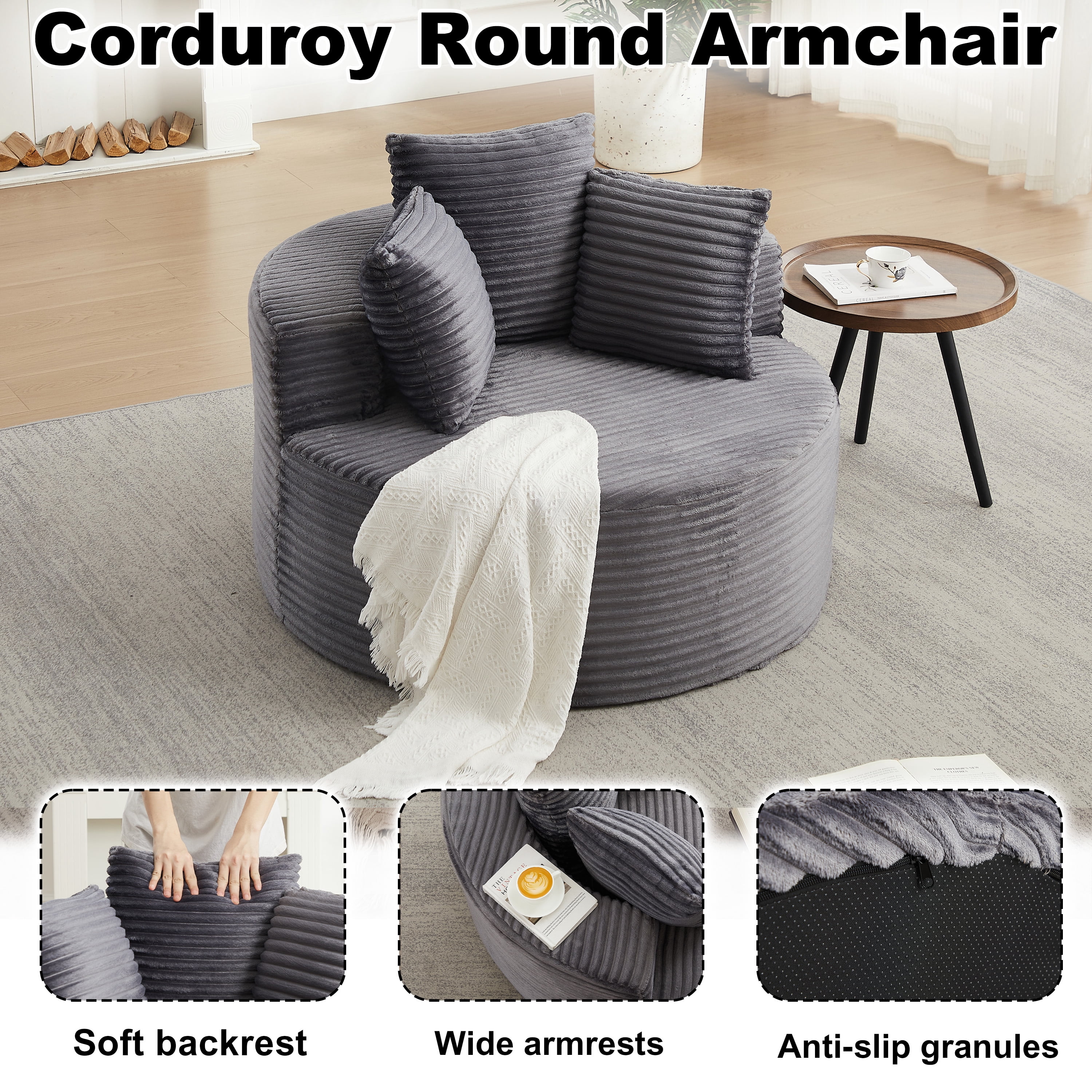 43-Inch Round Corduroy Single Sofa, Comfortable Lounge Chair, Comes With Three Pillows, Minimalist Design, Perfect For Bedrooms, Lounges, Game Rooms, And Living Rooms
