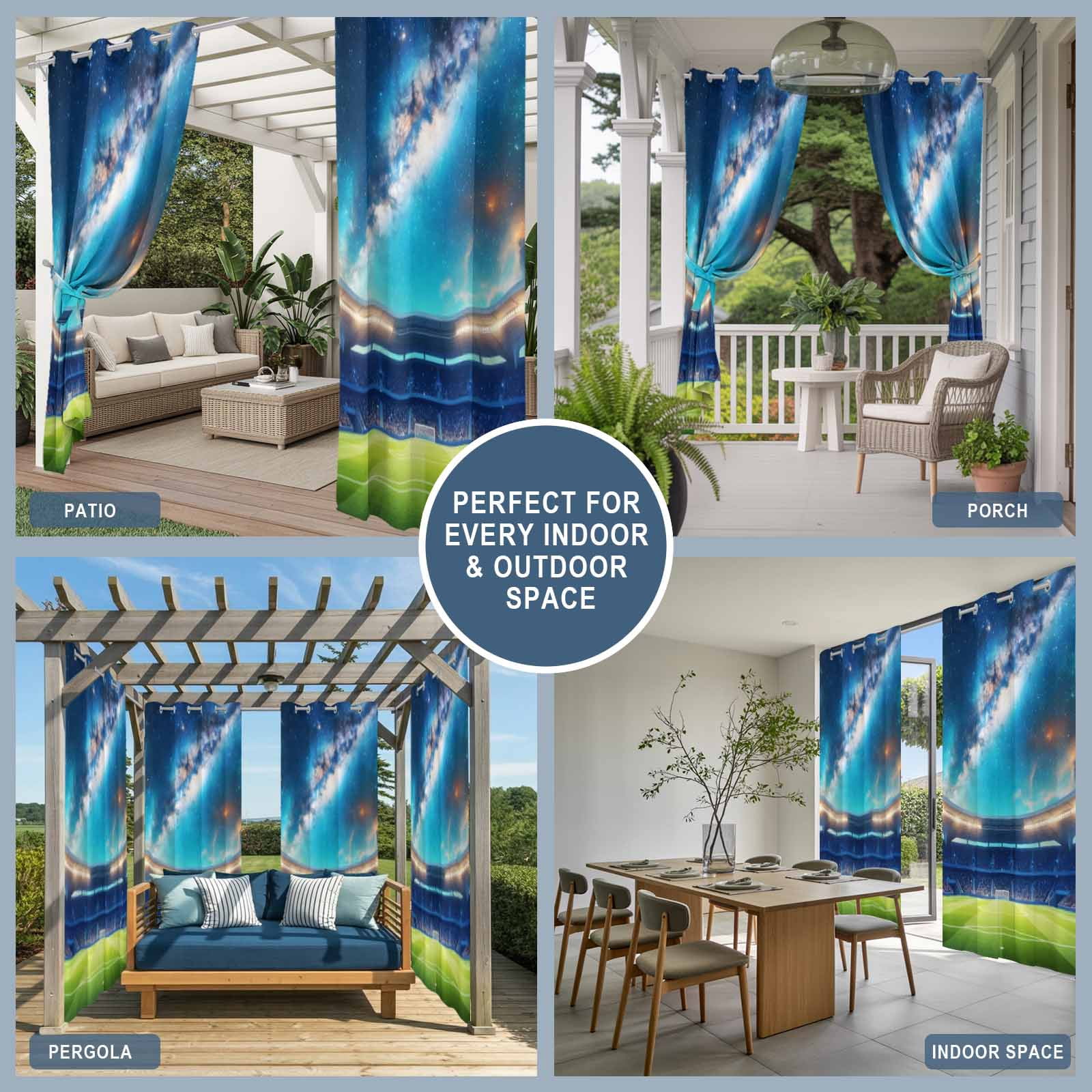Celestial Arena Outdoor Curtains for Patio, Art Galaxy Stadium Cinematic Dreamy Deep Blue Sunshade Privacy Drapes Grommet Waterproof Outside Curtains for Porch/Cabana/Balcony 54"x 108", 1 Panel