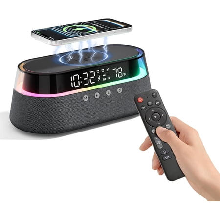 6-in-1 Bluetooth Speaker Alarm Clock with Remote, FM Radio & Dimmable LED Night Light, 15W Fast Wireless Charger, Dual Digital Clock for Bedroom Home Office, Ideal Gifts for Him, Men Women