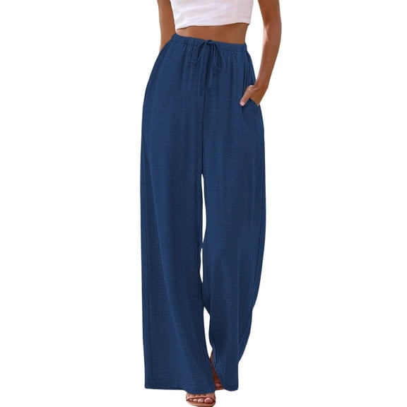 Wide Leg Pants for Women Drawstring Elastic Waist Trousers with Pockets Summer Vacation Clothes Navy Blue L