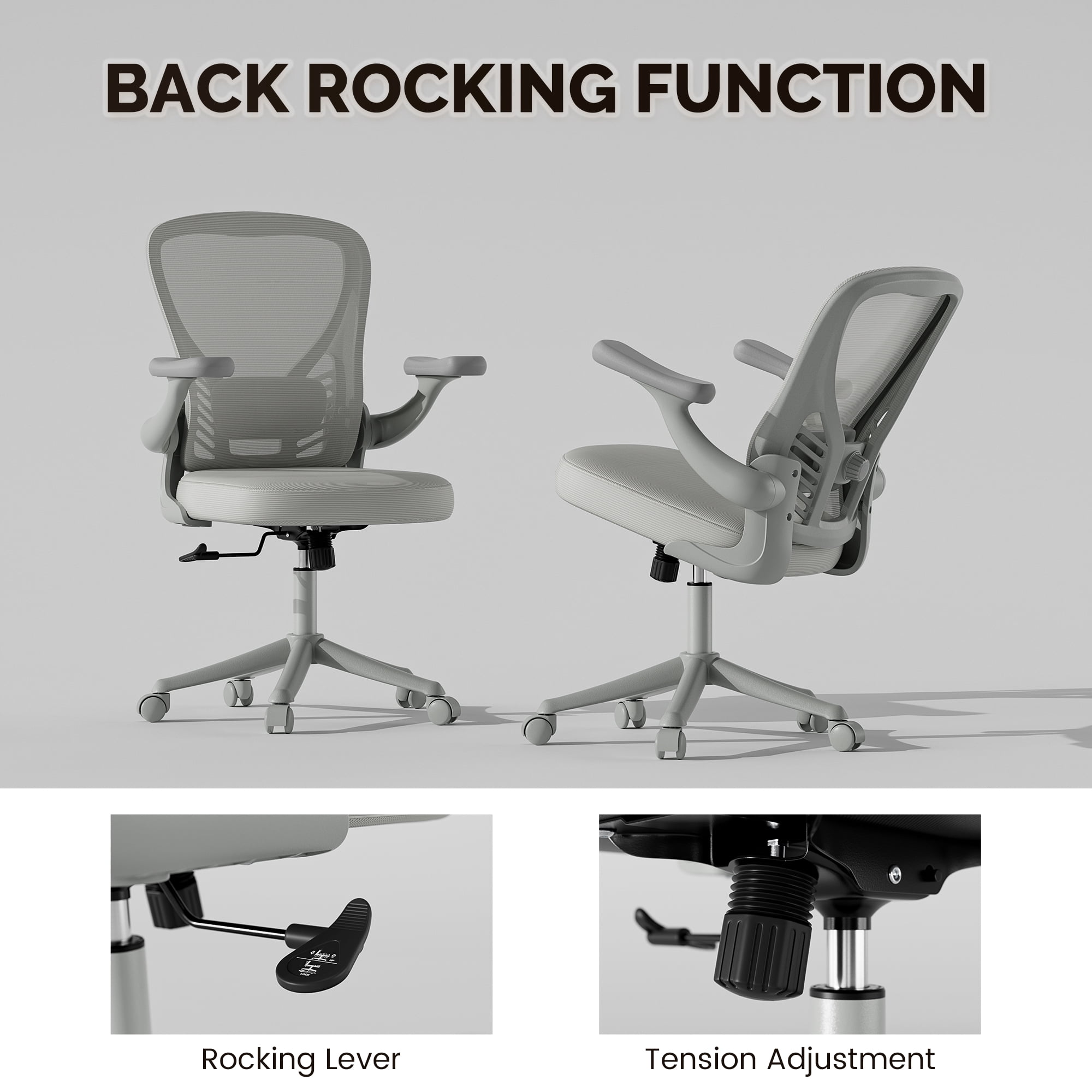 Solfway Home Office Mesh Lumbar Support Office Chair, Adjustable Tilt and Flip-up Arms, Gray (Set of 1)