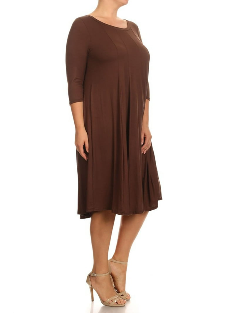 FashionJOA Women's Casual Solid & Print Plus Size 3/4 Sleeve A-line Midi Dress/Made in USA, Size: 2XL, Brown FashionJOA Women's Casual Solid & Print Plus Size 3/4 Sleeve A-line Midi Dress/Made in USA, Size: 2XL, Brown