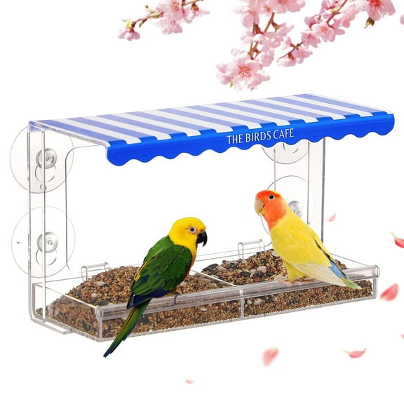 Window Bird Feeder for Outdoor, Clear Bird Feeder for Window Viewing, Squirrel Proof Bird Feeder for Cats, Acrylic Window Bird Feeders with Strong Suction Cups, Drain Hole, Tray(Blue)