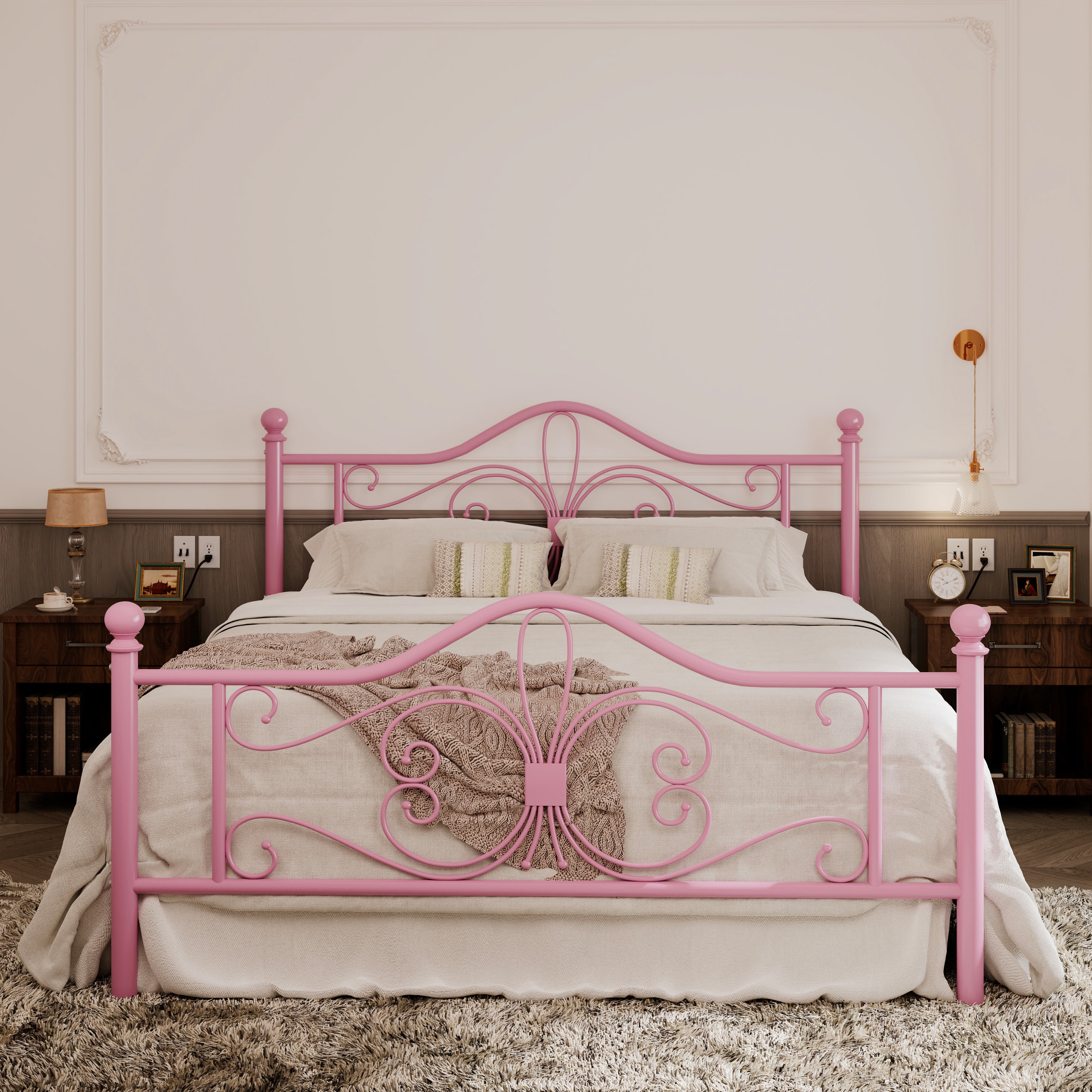 Allewie Full Size Vintage Metal Bed Frame with Butterfly Pattern Design Headboard & Footboard, Pink