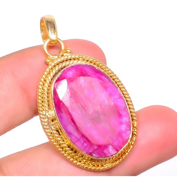 Ruby (Simulated) Silver Gold Plated Pendant 1.76" P7622-311, Christmas Gift, Gemstone Silver Jewelry, Ruby Pendant, New Year Sale