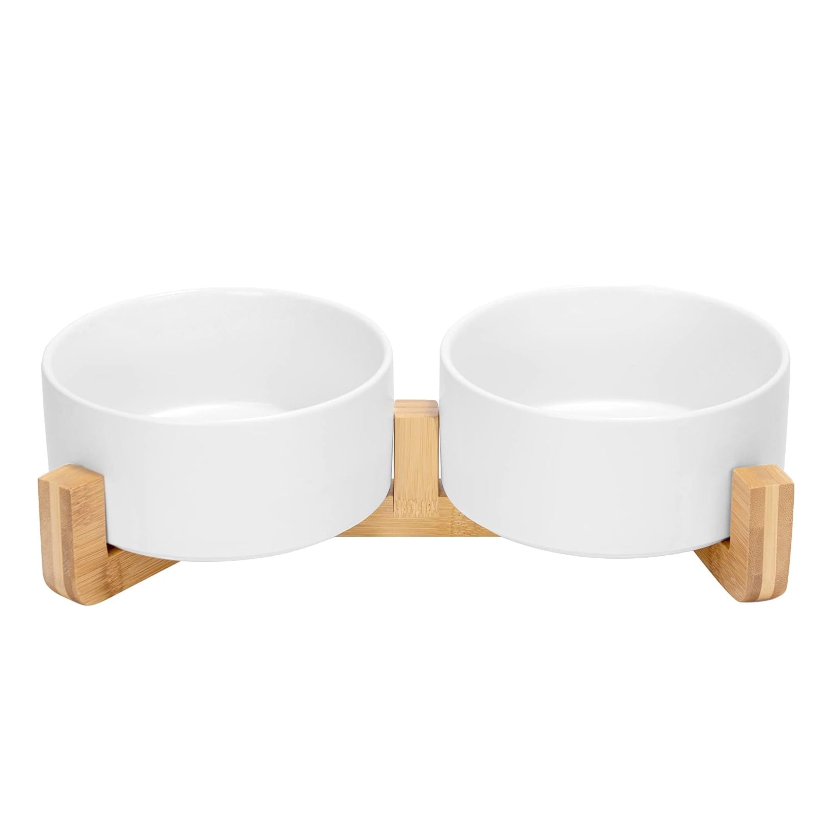 Ceramic Dog and Cat Bowl Set with Bamboo Stand, 13.5oz Tilted Non-Slip Elevated Pet Feeder for Small Dogs & Cats, Dishwasher Safe Food and Water Bowls