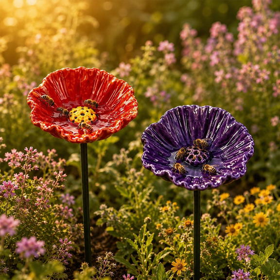 Ceramic Bee Watering Station,Bees Blossoms Ceramic Flowers,Flower Bee Cups with Stakes Decorative, Colorful Butterflies Bees Drinking Station for Outdoor Garden Yard Patio Decor