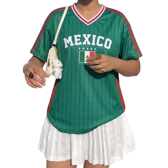 Soccer Mexico Jersey 2026 Soccer Shirt for Women Mexico Jersey Y2k V Neck Short Sleeve Shirt Fan Tops #S