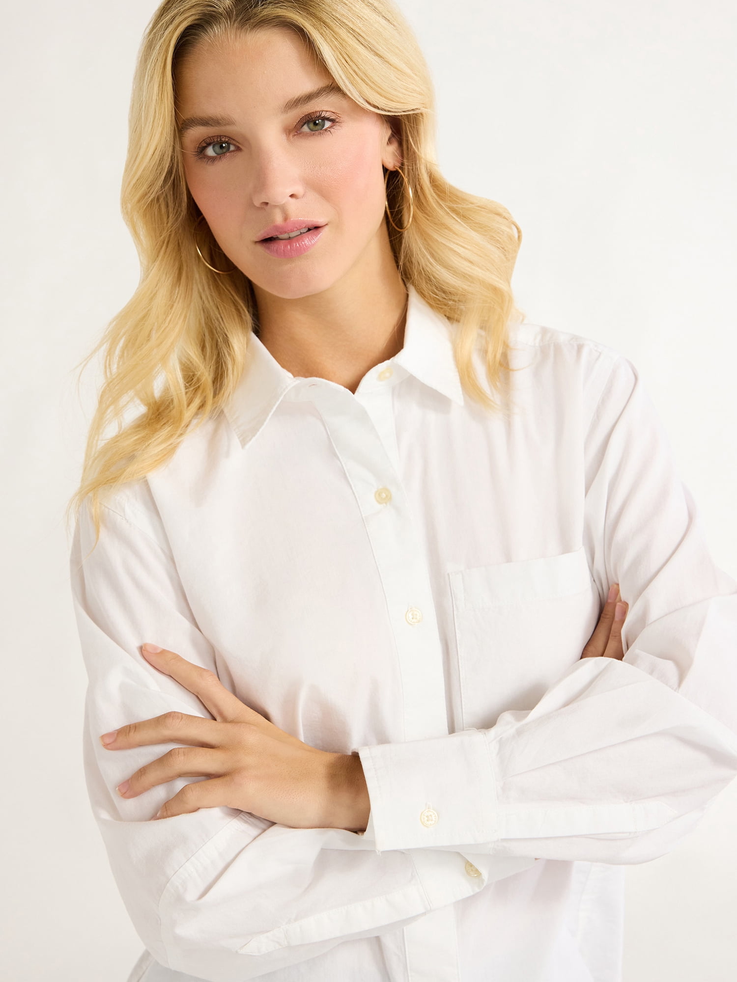Free Assembly Women’s and Women's Plus Button Front Boxy Cotton Tunic Shirt with Long Sleeves, Sizes XS-4X