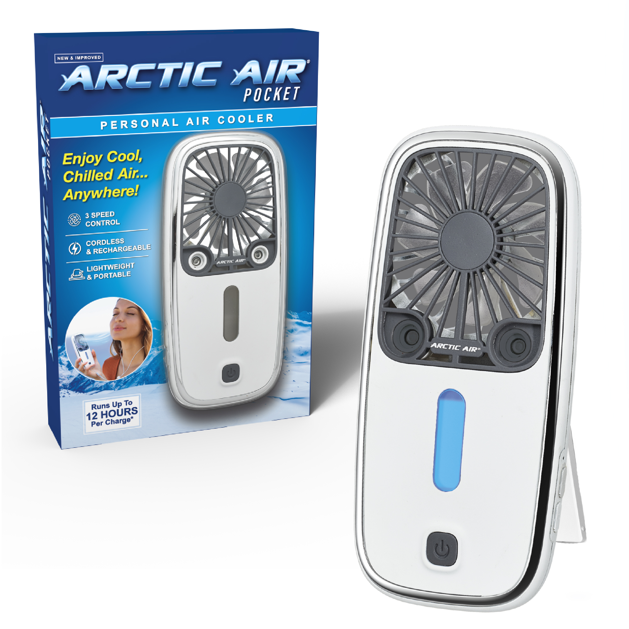 Arctic Air® Pocket Hand Fan, Portable Air Cooler, Dual Cooling Jets, Rechargeable, 3 Speeds