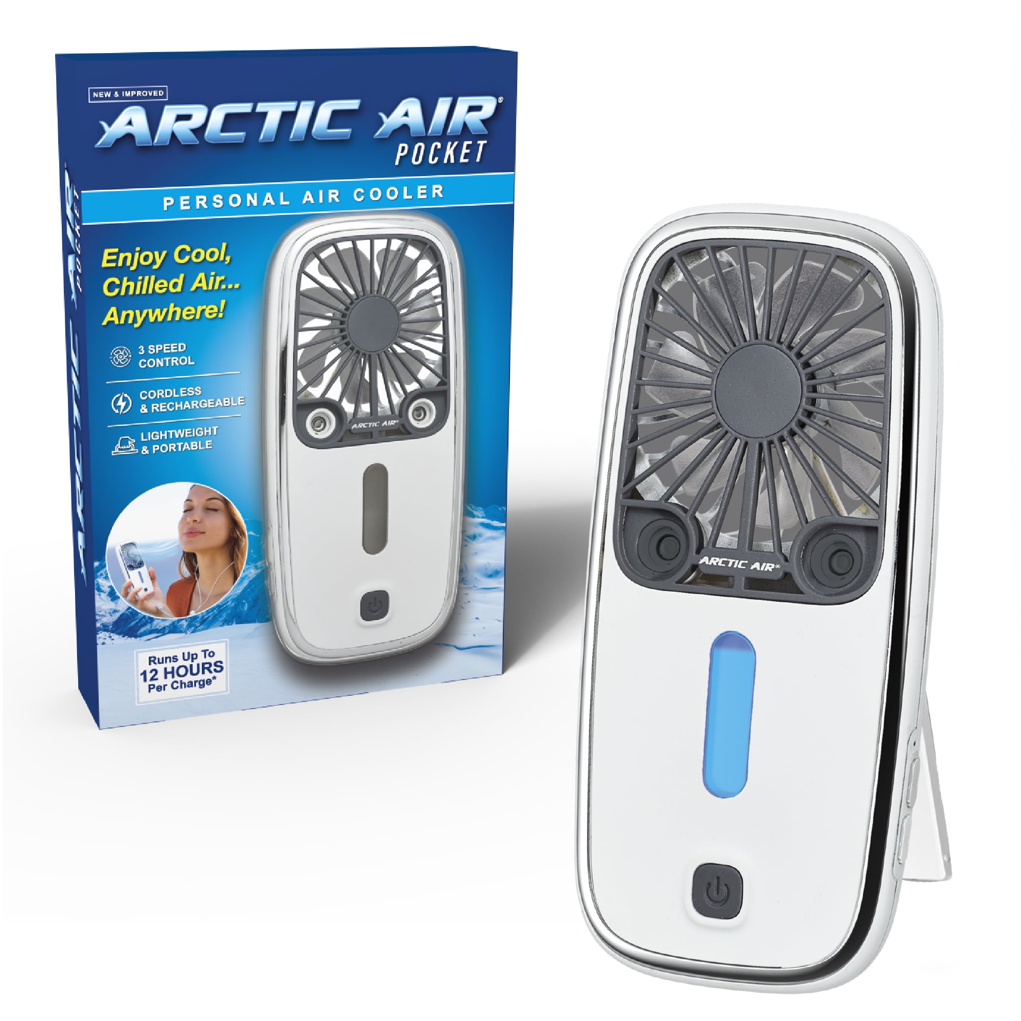 Arctic Air® Pocket Hand Fan, Portable Air Cooler, Dual Cooling Jets, Rechargeable, 3 Speeds