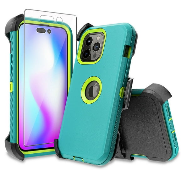 Xhy iPhone 14 Pro Max Case with Belt Clip Holster and Screen Protector Military Grade Heavy Duty 3 in 1 Shockproof Armor Durable Detachable for iPhone 14 Pro Max 6.7 inch 2022 Phone - Green Yellow