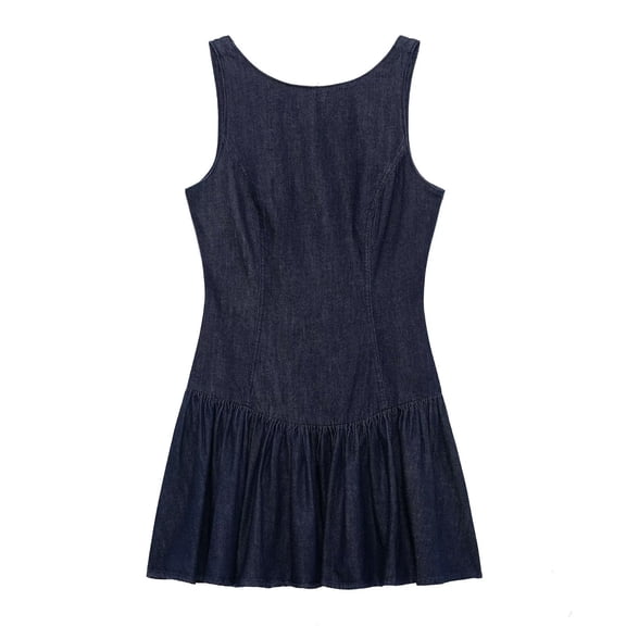 Sleeveless Layered Denim Dress, Tiered Hem Casual Denim Dress for Women
