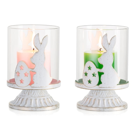 Sziqiqi Set of 2 Easter Pillar Candle Holder: Vintage White Rabbit & Egg Design with Removable Glass Shade for Tealights Table Wedding Christmas Centerpiece Gift