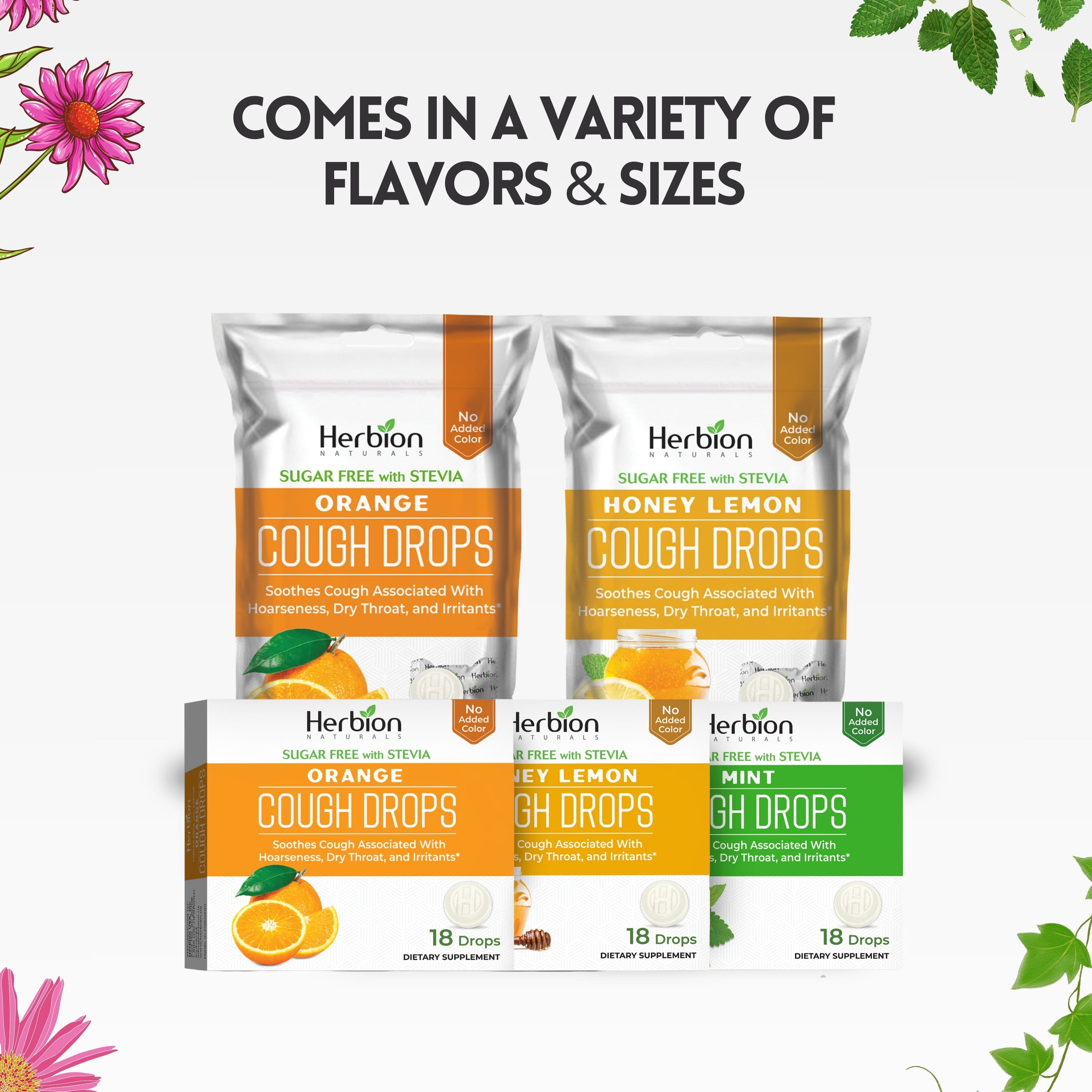 Herbion Naturals Cough Drops with Natural Mint Flavor, Sugar-Free with Stevia, Dietary Supplement, Soothes Cough, For Adults and Children over 6 years, 18 Drops - 6 Packs (108 Lozenges)