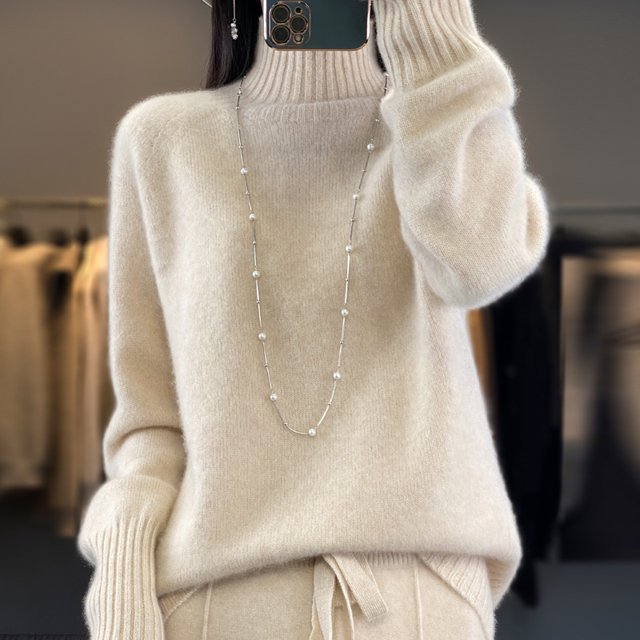Suéter de lana gruesa con cuello alto para mujer, suéter de punto de color sólido cálido y suelto, suéter de invierno/otoño nuevo estilo 100 % lana merino