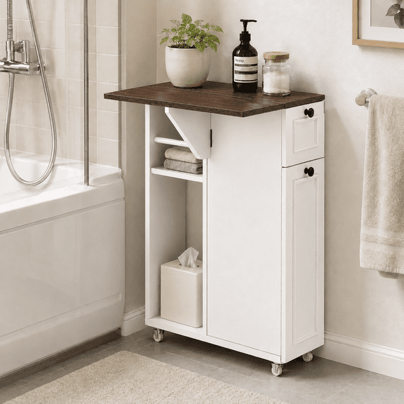 Small Bathroom Storage Cabinet Rolling Cart with Flip-Up Countertop & Drawer