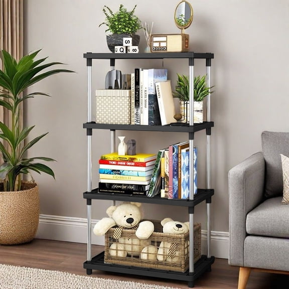 Fmxomd Storage Shelving Heavy Duty 4-Tier Utility Shelving Unit Plastic Organizer Wire Rack for Home Kitchen Office - Black 8.6 D x 15.7 W x 31.4 H