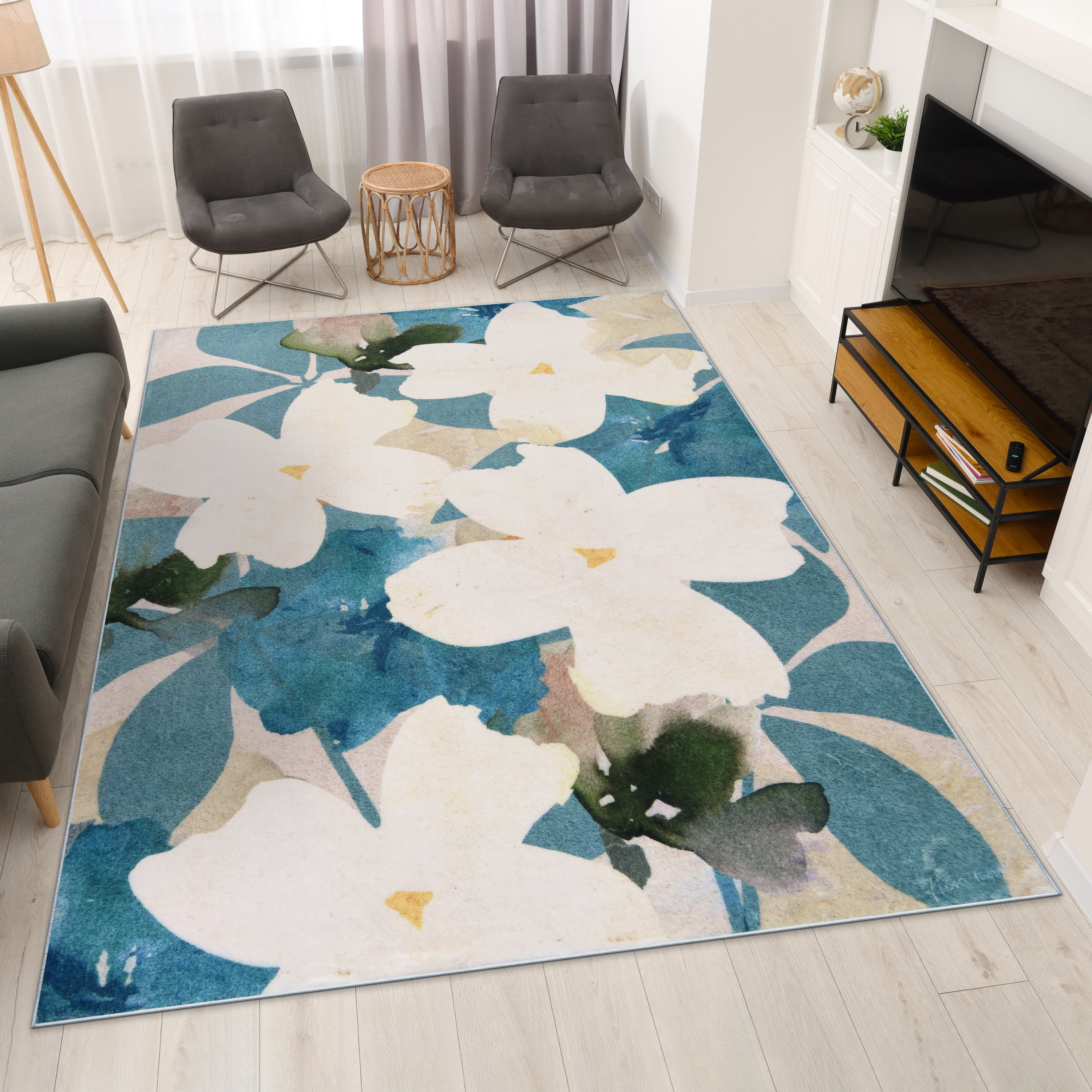 Peach Teal Floral, 8'x10' Hand Washable Flowers Art Area Rug