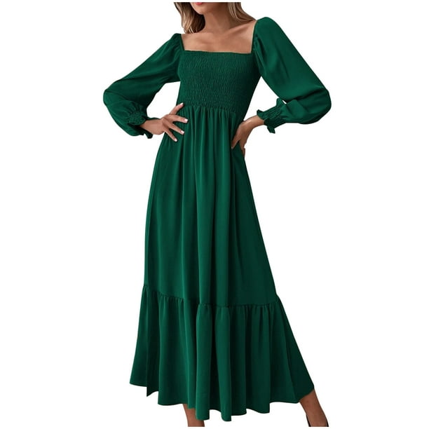 Vestidos Para Mujer Casual Maxi Vestidos Moda Manga Larga Pulóver Cuello Cuadrado Manga Larga Volante Cintura Alta Vestido Odeerbi ODB138998