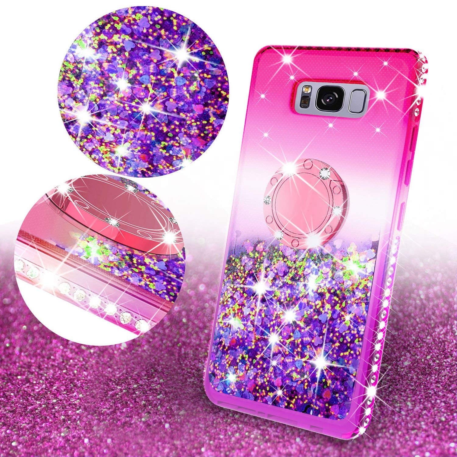 Herbests Compatible with Samsung Galaxy S8 Glitter Case Sparkly Bling Rhinestone Girls Women Cute Ultra-Thin Soft TPU Rubber Silicone Cover with Diamond Kickstand Ring Holder,Red 