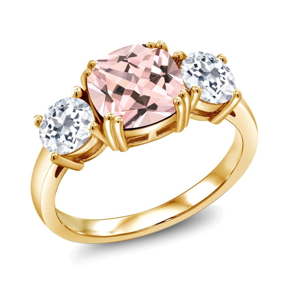 Gem Stone King 18K Yellow Gold Plated Silver Peach Nano Morganite and White Topaz 3 Stone Engagement Ring for Women (3.20 Cttw, Gemstone October Birthstone, Cushion 8MM, Size 5)