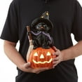 thumbnail image 5 of Pre-Lit Ceramic Halloween Black Cat on Pumpkin Hand-Painted Tabletop Decor, 5 of 7