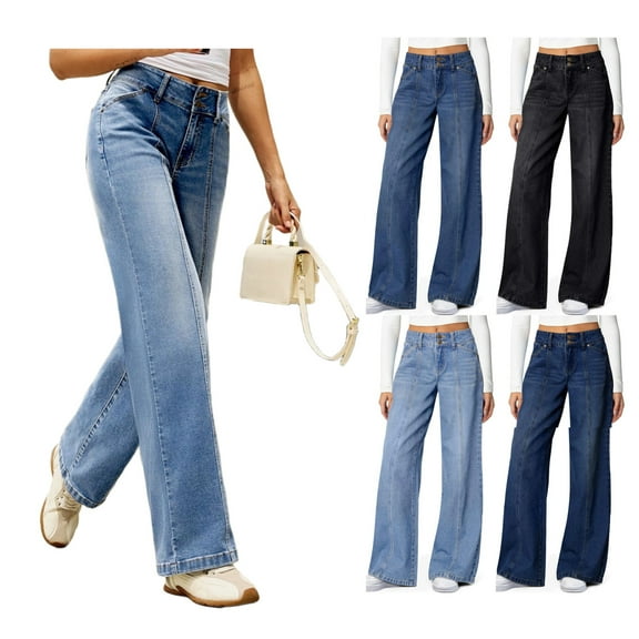 Wide Leg Jeans for Women 2025 - High Waisted Casual Loose Fit, Seamed Front Denim Pants with Pockets Royal Blue L