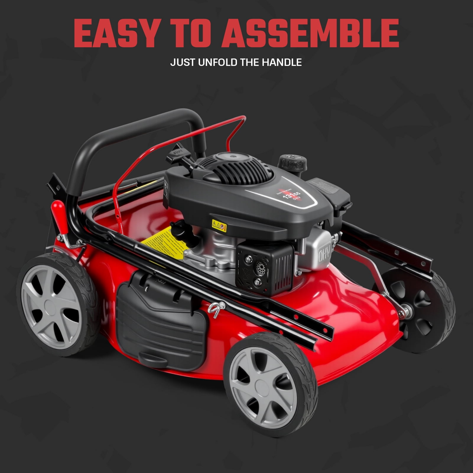 Lawn Mower Happydeer 131cc Gas Self-Propelled Lawn Mower, 3 in 1Rear Wheel Drive with 50L Grass Catcher Bag, 46cm Cutting Width, Big Wheels