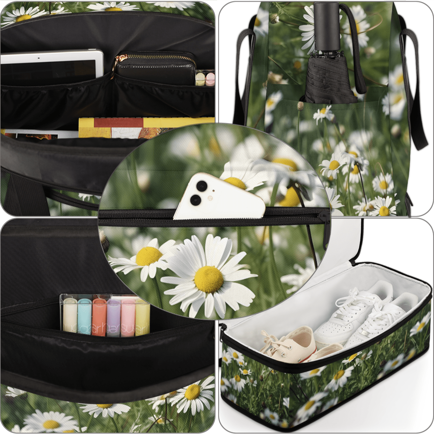 Herdesigns Daisy Foldable Travel Duffle Bag for Women and Men Lightweight Carry On Overnight Bag Floral Gym Luggage Weekender Bags with Shoe Compartment