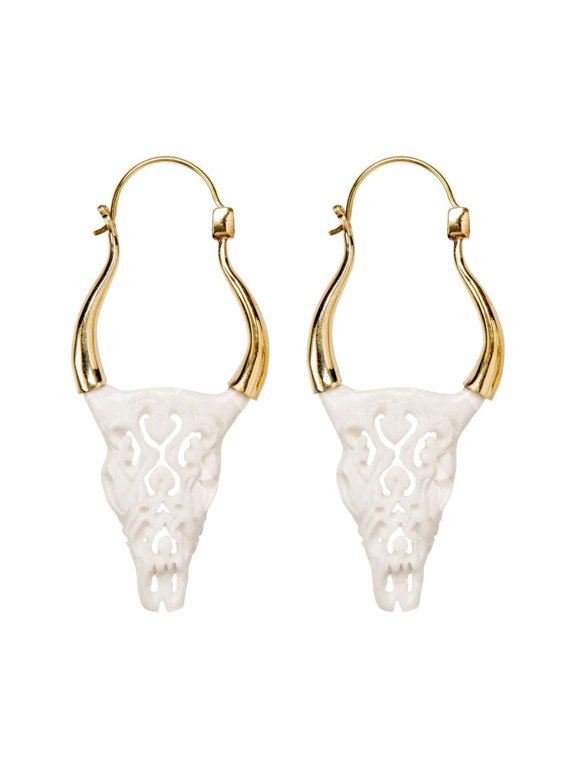 Women's Gold Tone Brass Bone Hand Carved Buffalo Skull Tribal Dangle Earrings