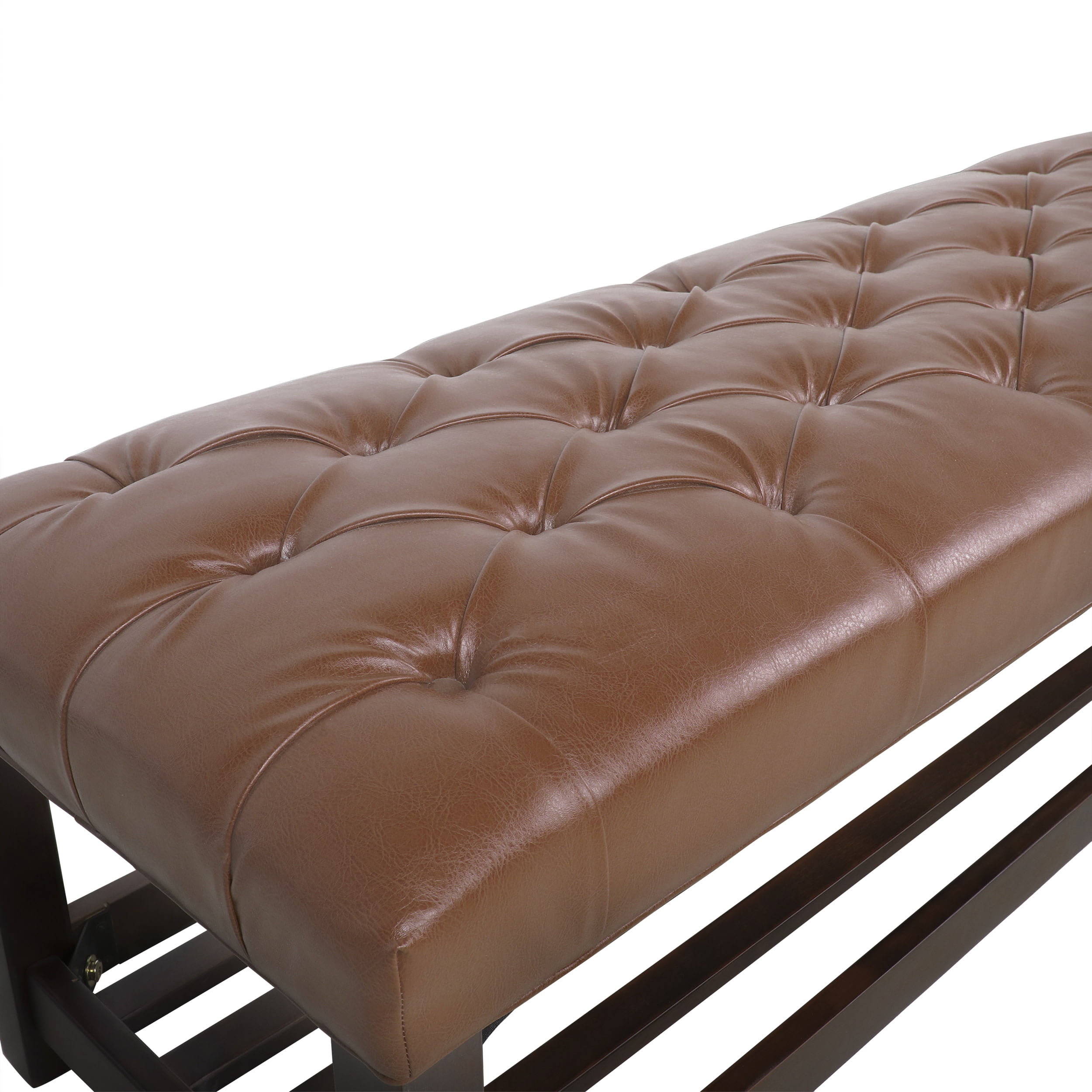 Noble House Wichita Faux Leather Button Tufted Bench with Shelf, Cognac Brown and Dark Walnut