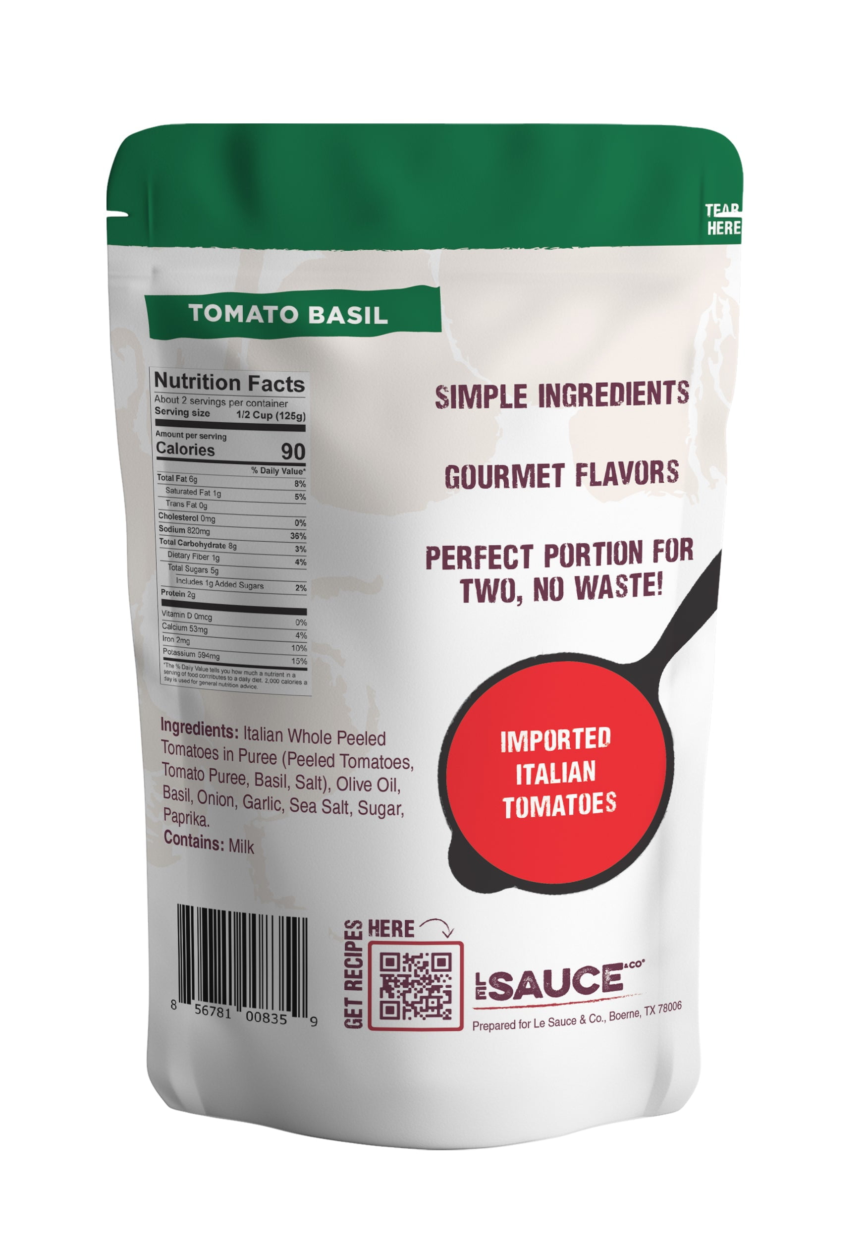 (4 pack) Le Sauce & Co. Tomato Basil Gourmet Pasta Sauce, 8.8 oz, 2 Serving Pouch