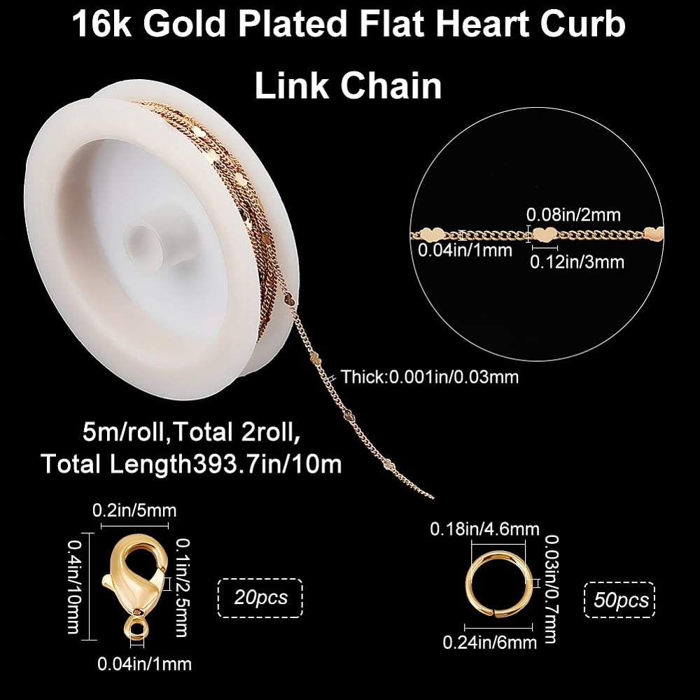 10M Heart Chain 16K Gold Plated Brass Flat Heart Curb Link Chain with 20Pcs Lobster Claw Clasps 50Pcs Open Jump Rings DIY