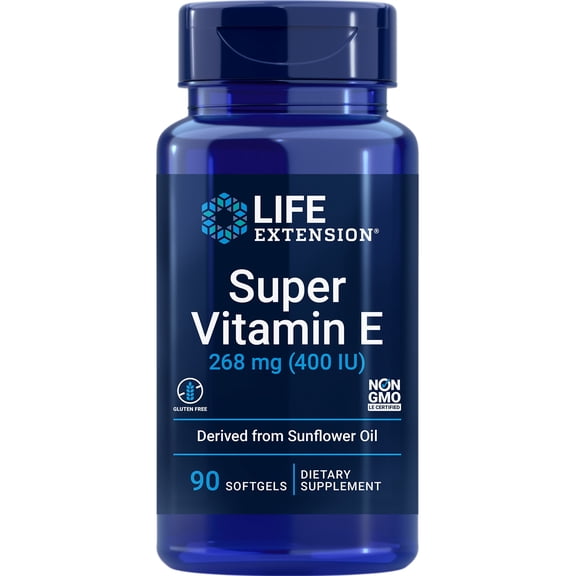 Life Extension Super Vitamin E, 268 mg (400 IU), non-synthetic vitamin E supplement promotes whole-body health, gluten-free, non-GMO, 90 softgels