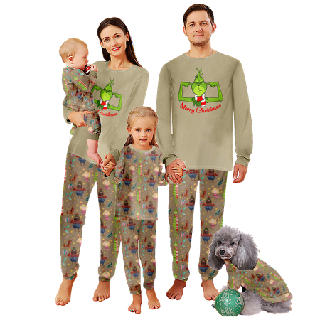 

FUNIER Family Matching Christmas Pajamas The Grinch Khaki Print Sizes for Adult-Kids-Baby-Pet 2-Piece Top and Pants Bodysuits Sleepwear Pajamas Set